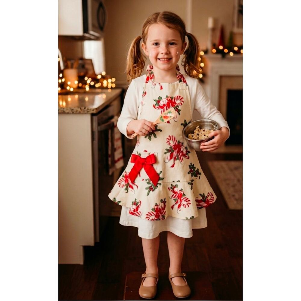 Jessie Steele Girls Christmas Candy Cane Apron Holiday Red Bow